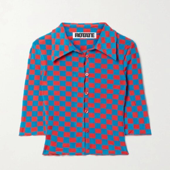 ROTATE Birger Christensen Miranda Red/Blue Mesh/Velvet Plaid CroppedShirt M $270 - Picture 10 of 14